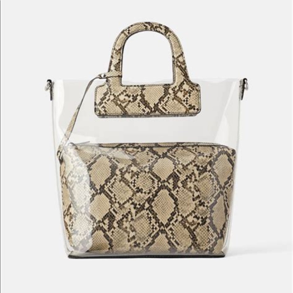 Zara Animal Print Vinyl Tote Bag w/ Strap & Pouch